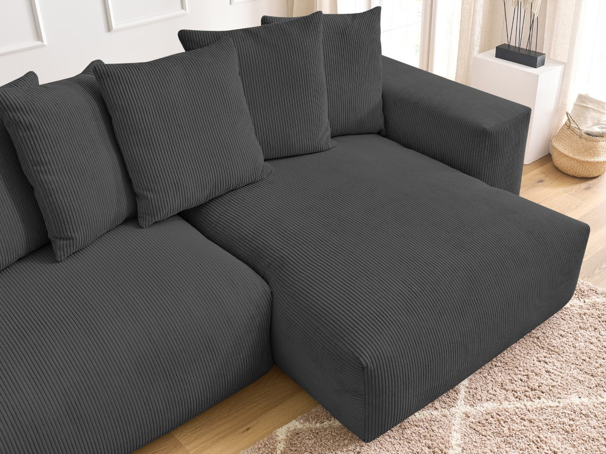 Bobochic Voltaire Ecksofa mit Schlaffunktion und Bettkasten Cordsamt Dunkelgrau