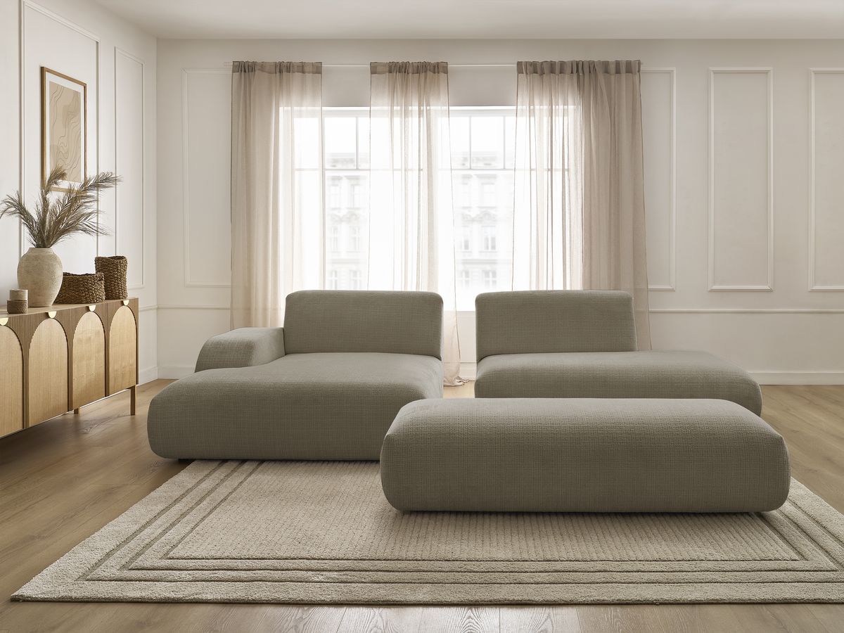 Bobochic Sirius Ecksofa mit Pouf 300 × 170 cm Strukturstoff Taupe Ecke links
