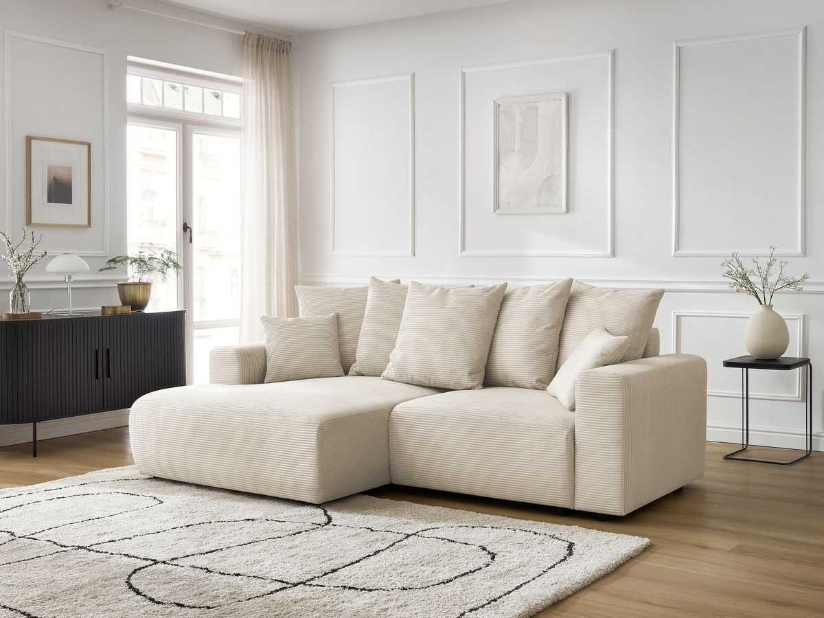 Bobochic Atilla Ecksofa mit Schlaffunktion und Bettkasten Cordsamt Beige Ecke links