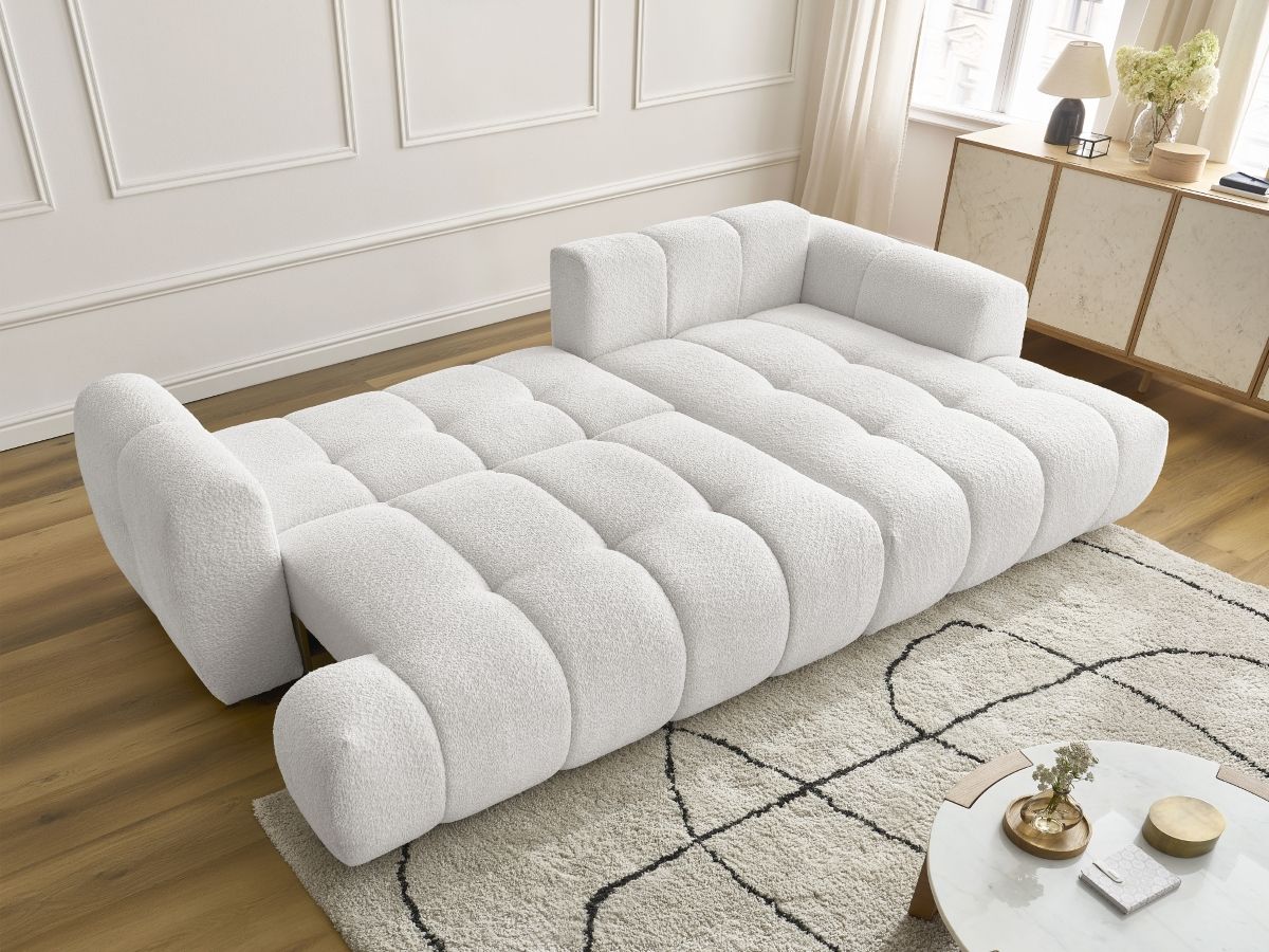 Bobochic Fuji Ecksofa mit Schlaffunktion und Bettkasten 292 × 160 cm Bouclé-Stoff Weiß Ecke rechts