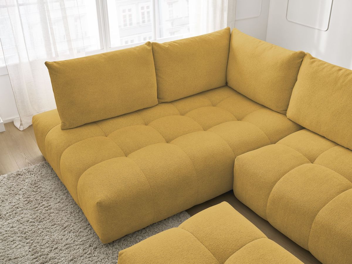 Bobochic Everest Ecksofa mit Schlaffunktion und Bettkasten und Pouf 320 × 212 cm, 5 Kissen Melange-Stoff Gelb Ecke links