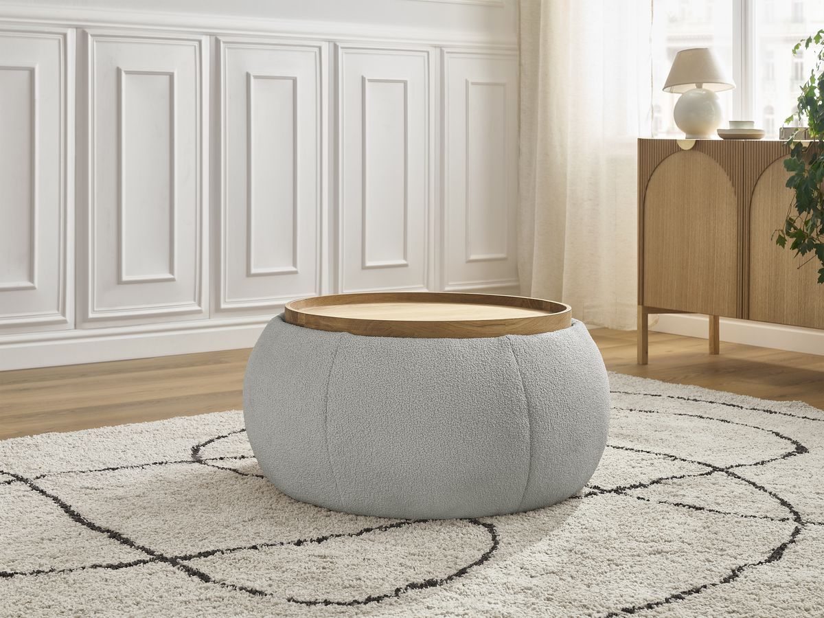 Bobochic Hayden Pouf mit Tablett, rund Bouclé-Stoff Hellgrau, 77 cm