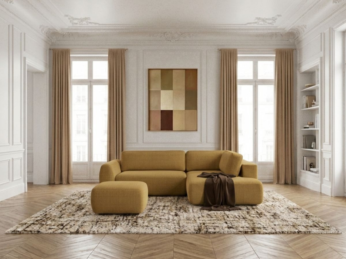 Bobochic Denise Ecksofa mit Schlaffunktion und Bettkasten und Pouf 256 × 197 cm Strukturstoff Gelb Ecke rechts