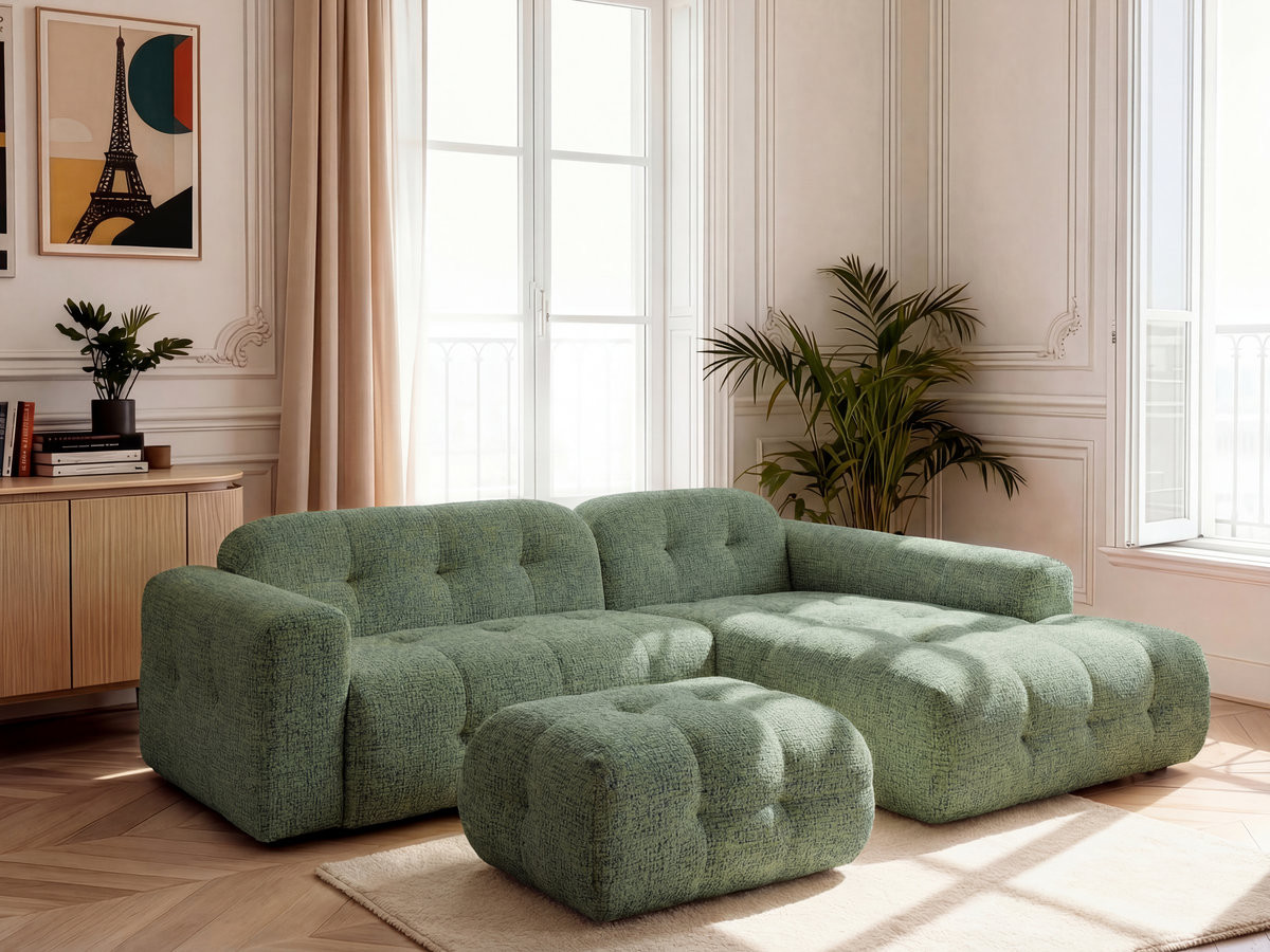 Bobochic Laura Ecksofa mit kleinem Pouf Melange-Stoff Hellgrün Ecke rechts
