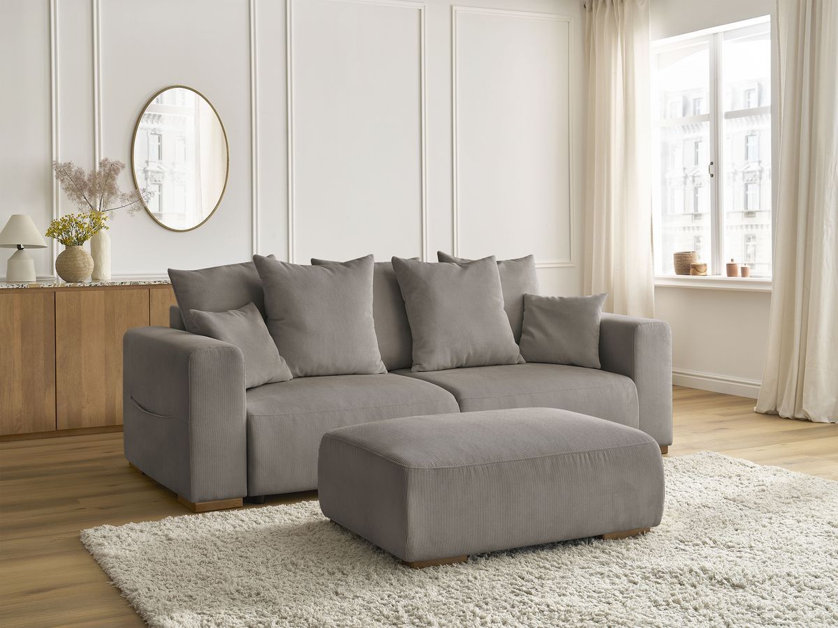 Bobochic Sidonie Schlafsofa 4-Sitzer mit Bettkasten und Pouf Cordsamt Taupe