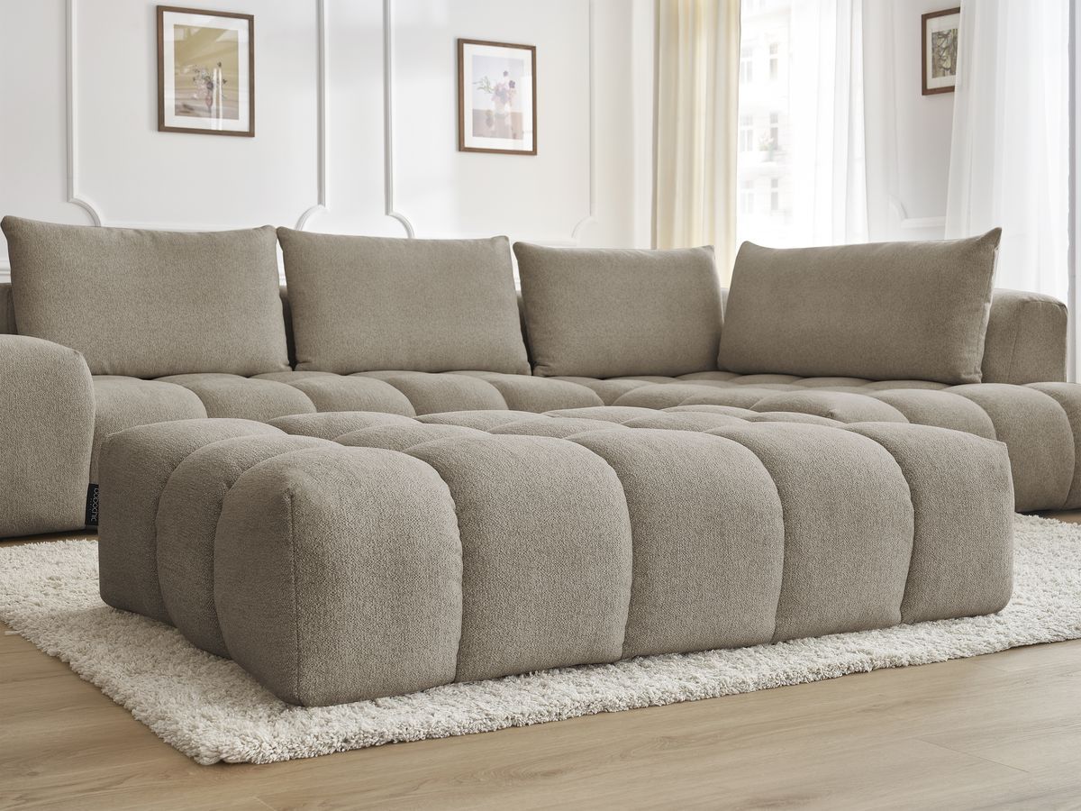 Bobochic Everest Ecksofa mit Schlaffunktion und Pouf, 4 Kissen Melange-Stoff Taupe Ecke rechts