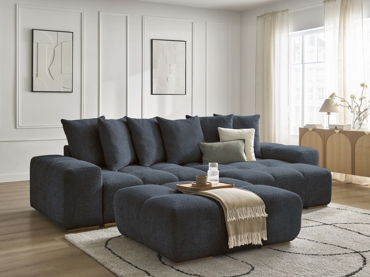 Bobochic Anakin Ecksofa mit Schlaffunktion und Bettkasten und Pouf, 6 Kissen Bouclé-Stoff Dunkelblau