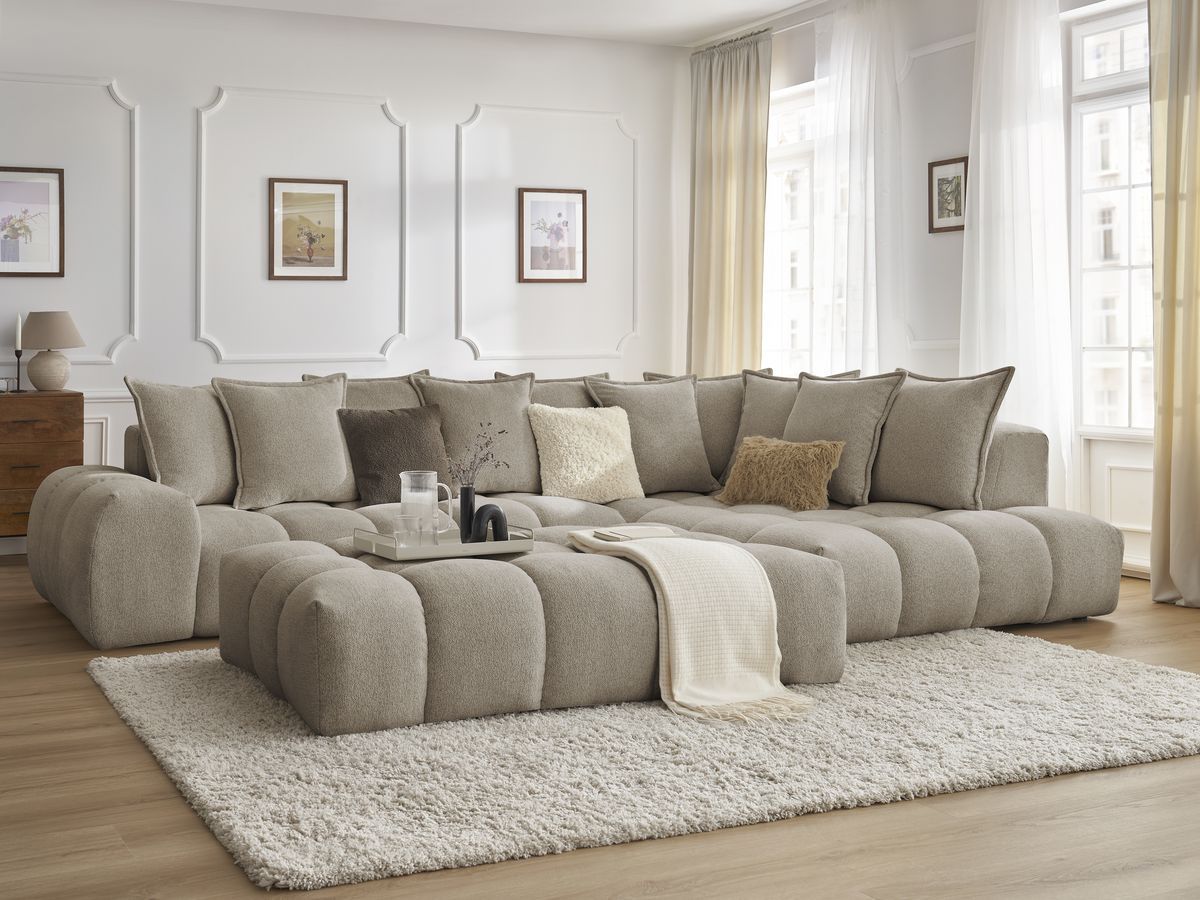 Bobochic Everest Ecksofa mit Schlaffunktion und Pouf, 10 Kissen Melange-Stoff Taupe Ecke rechts