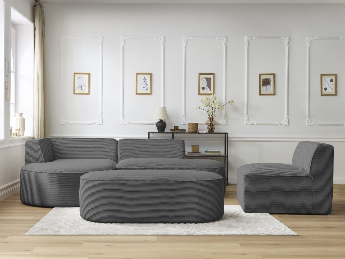 Bobochic Rousseau Ecksofa mit Sofamodul und Pouf Cordsamt Dunkelgrau Ecke links