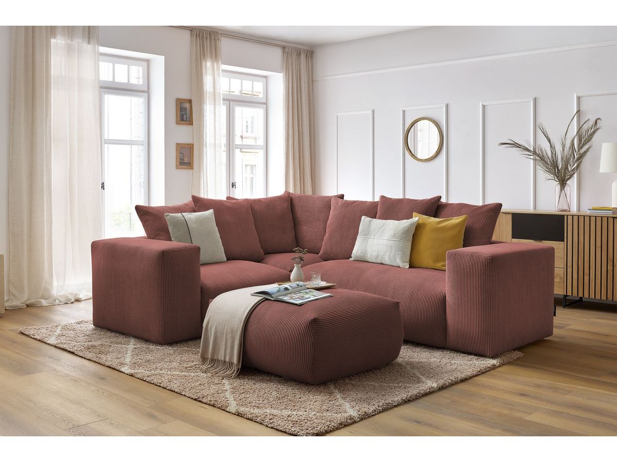 Bobochic Voltaire Ecksofa mit Pouf 268 × 214 cm Cordsamt Rosa Ecke links