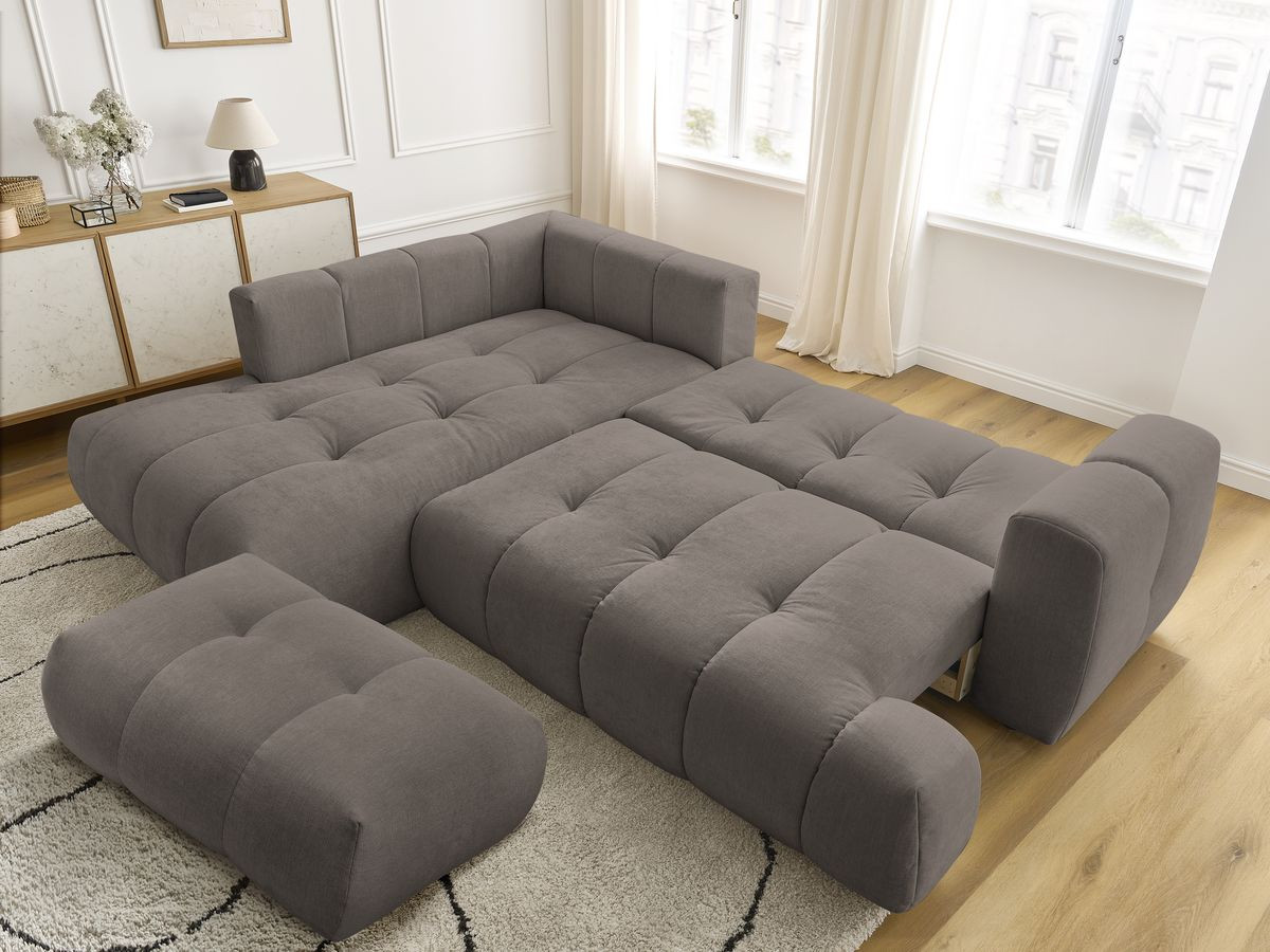 Bobochic Fuji Ecksofa mit Schlaffunktion und Bettkasten und Pouf 282 × 204 cm Stoff Taupe Ecke links
