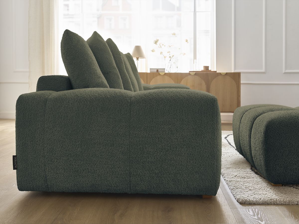Bobochic Anakin Sofa 3-Sitzer mit Pouf, 6 Kissen Bouclé-Stoff Grün