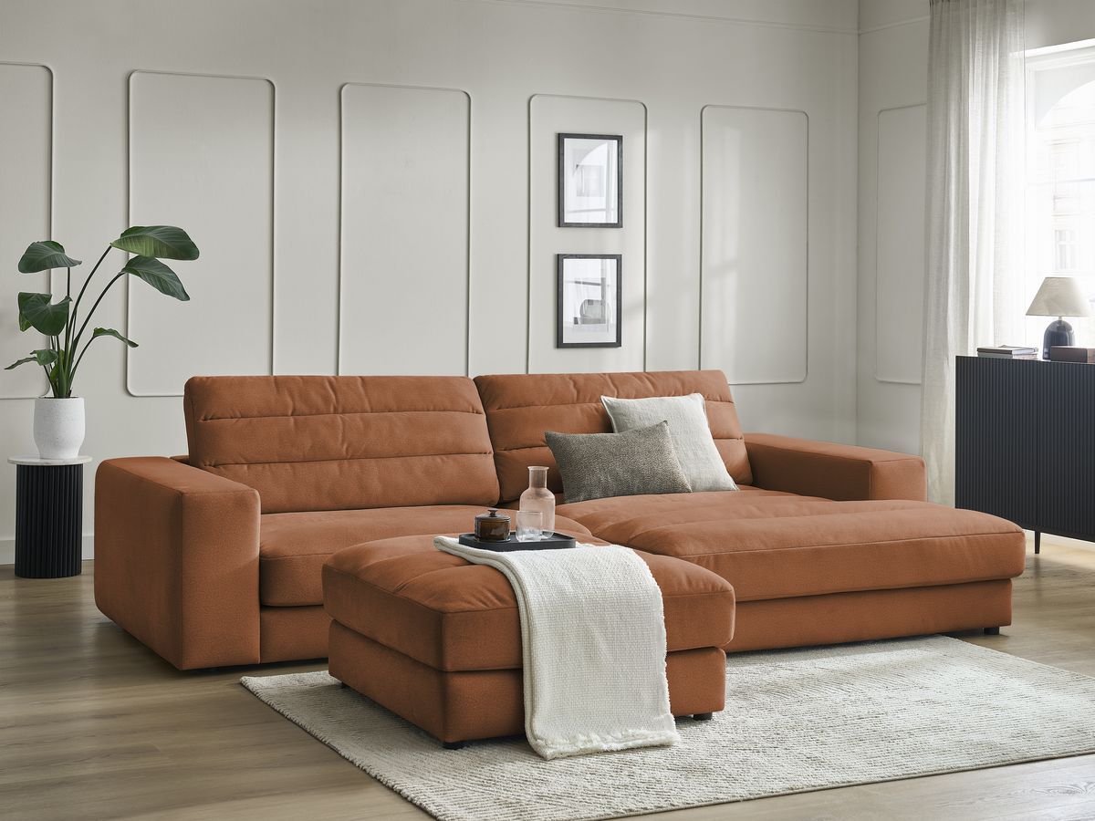 Bobochic Sierra Ecksofa mit Pouf Samt Orange Ecke rechts