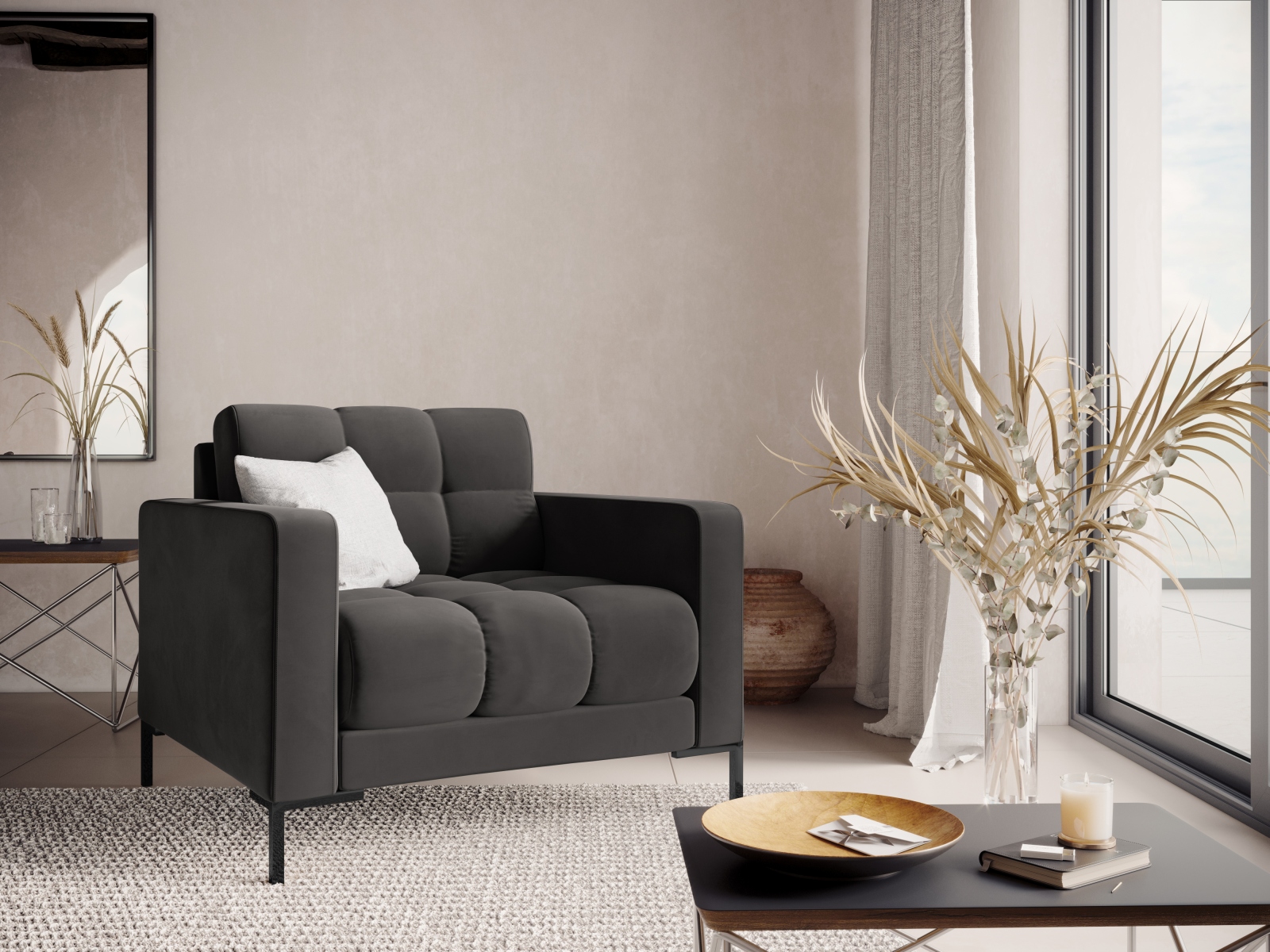 Cosmopolitan Design Sessel Bali Samt Bluvel Dunkelgrau Melange Beine Schwarzes Metall