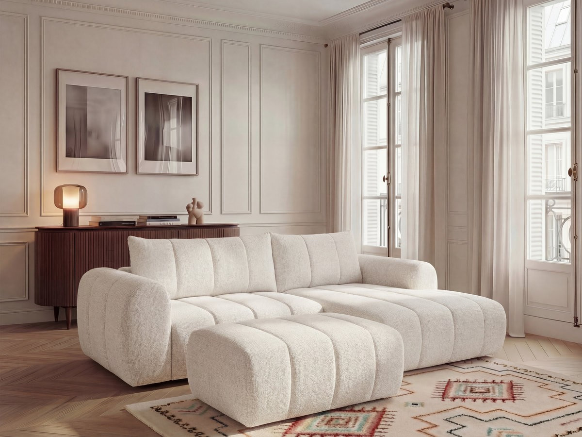 Bobochic Nesty Ecksofa 272 cm mit Pouf Melange-Stoff Beige Ecke rechts