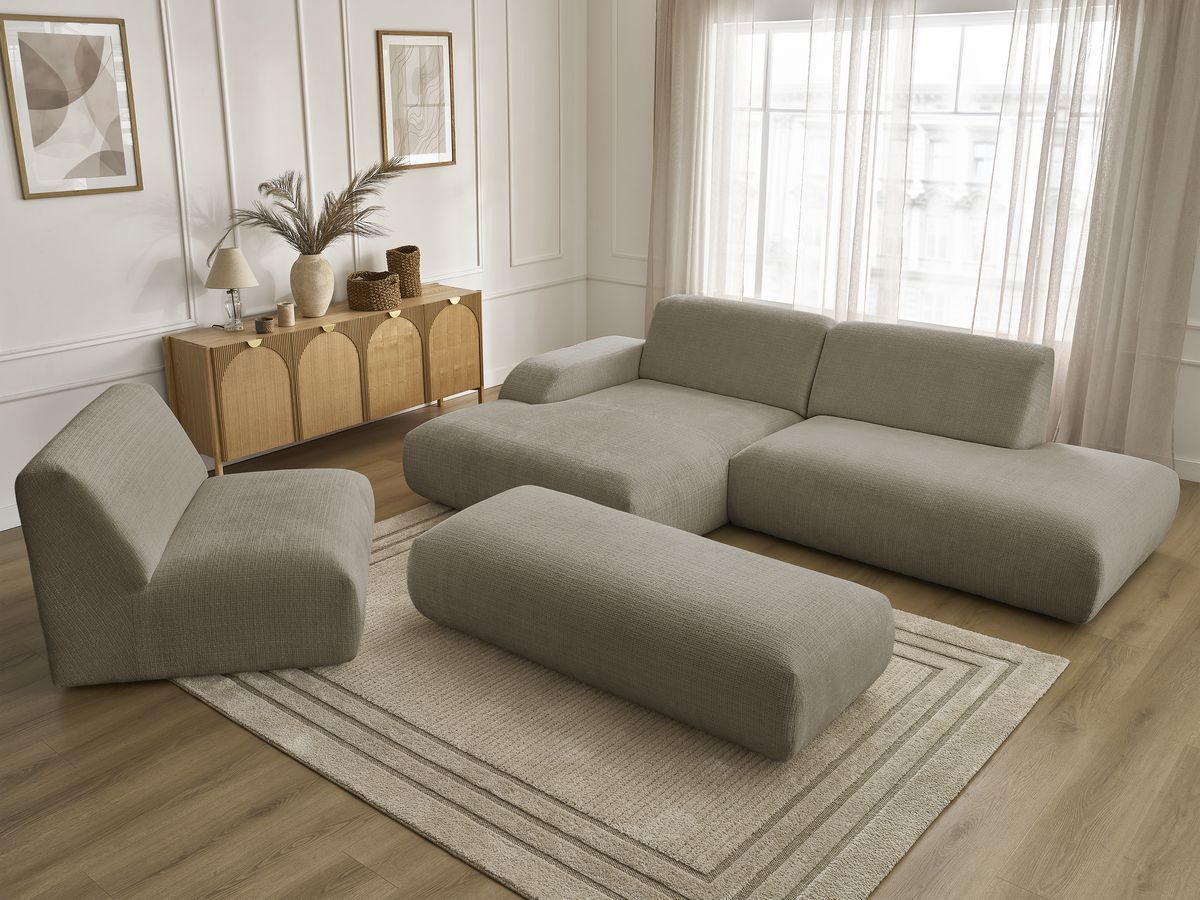 Bobochic Sirius Ecksofa mit Pouf 405 × 170 cm Strukturstoff Taupe Ecke links