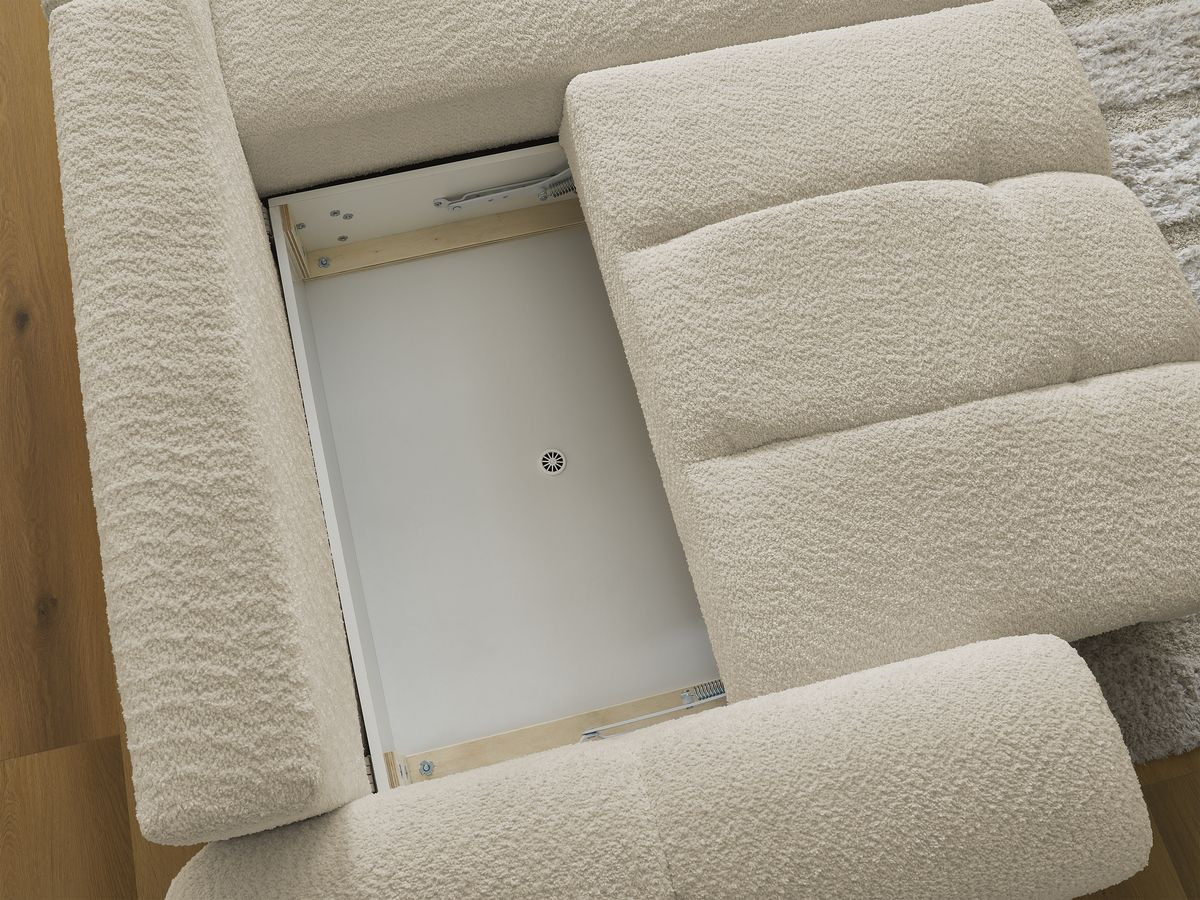 Bobochic Roxelane Ecksofa mit Schlaffunktion und Bettkasten und Pouf 258 × 150 cm Bouclé-Stoff Beige Ecke rechts