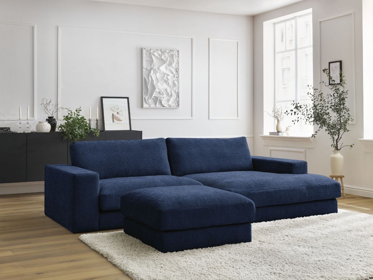 Bobochic Leonard Ecksofa mit Pouf 234 × 159 cm Strukturstoff Dunkelblau Ecke rechts