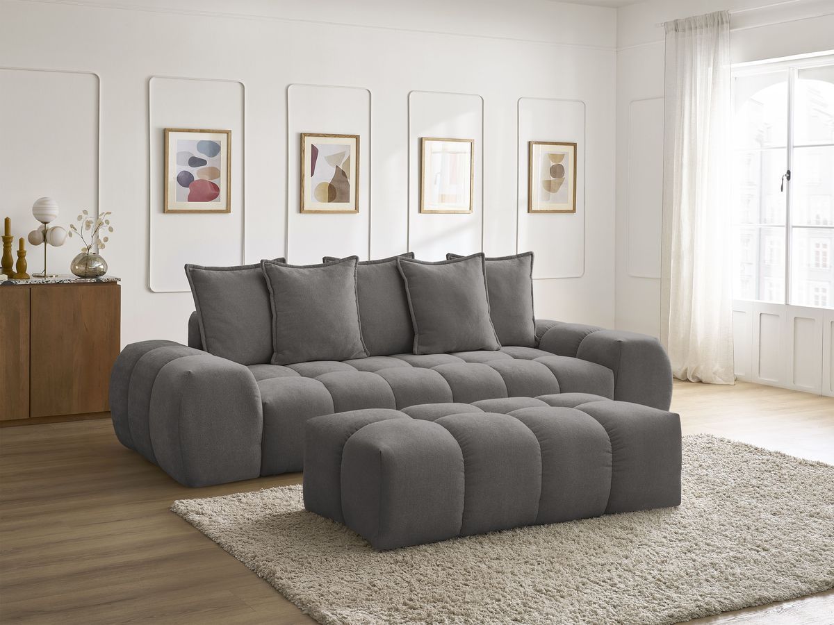 Bobochic Everest Schlafsofa 3-Sitzer mit Bettkasten und Pouf, 5 Kissen Strukturstoff Dunkelgrau