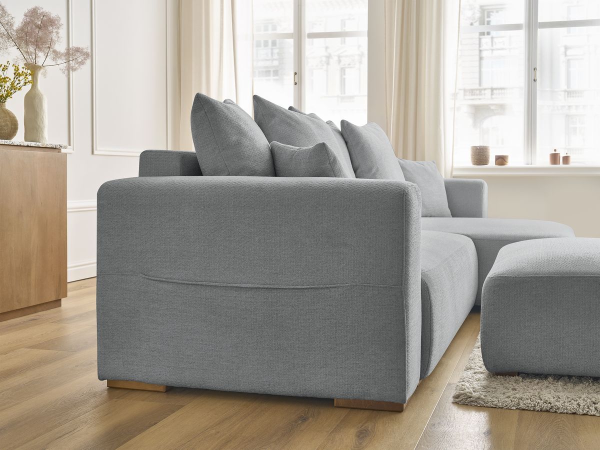Bobochic Sidonie Ecksofa mit Schlaffunktion und Bettkasten und Pouf Melange-Stoff Dunkelgrau