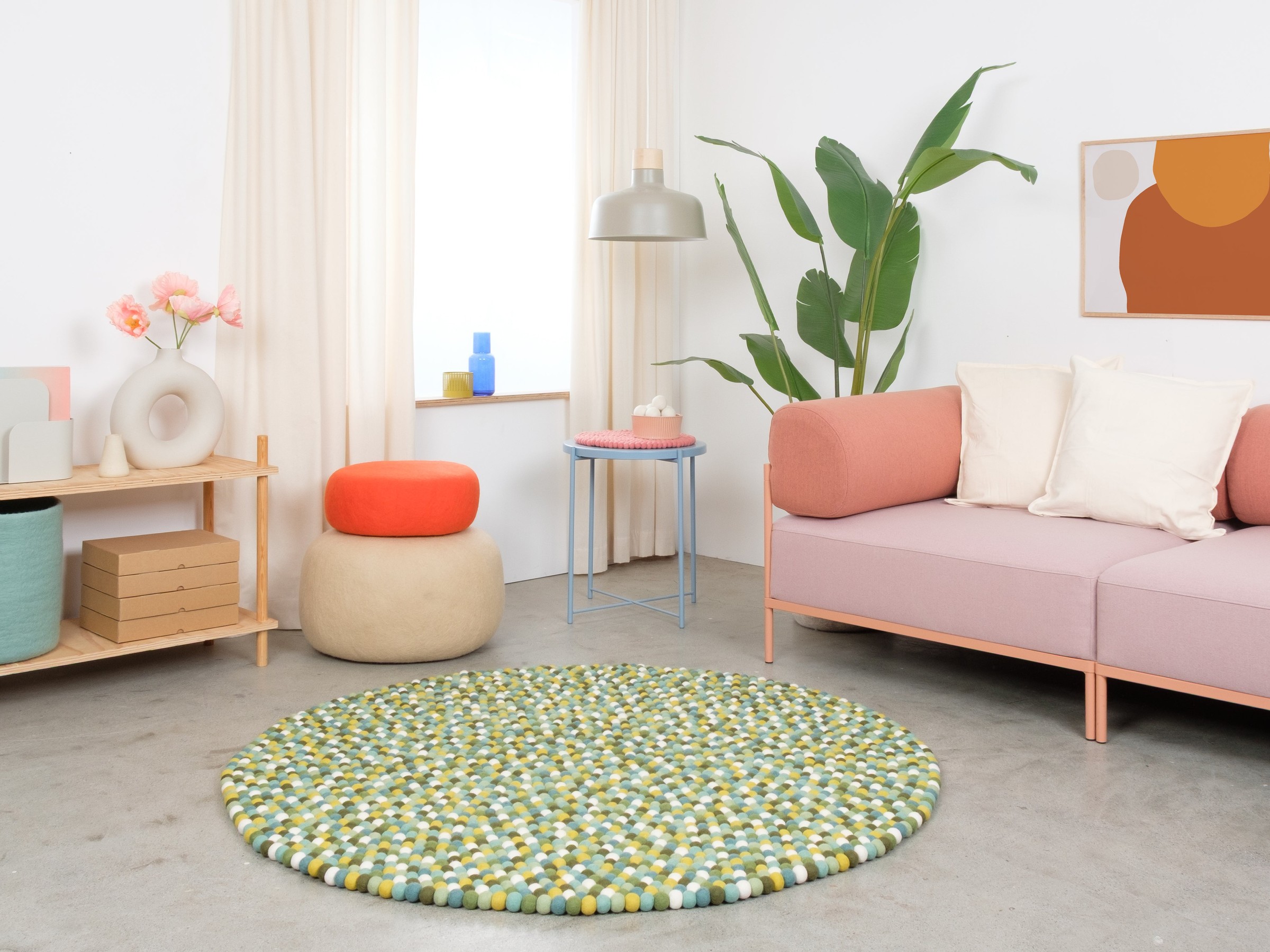 myfelt Finn Filzkugelteppich Grün-Türkis-Weiß rund Ø 50 cm