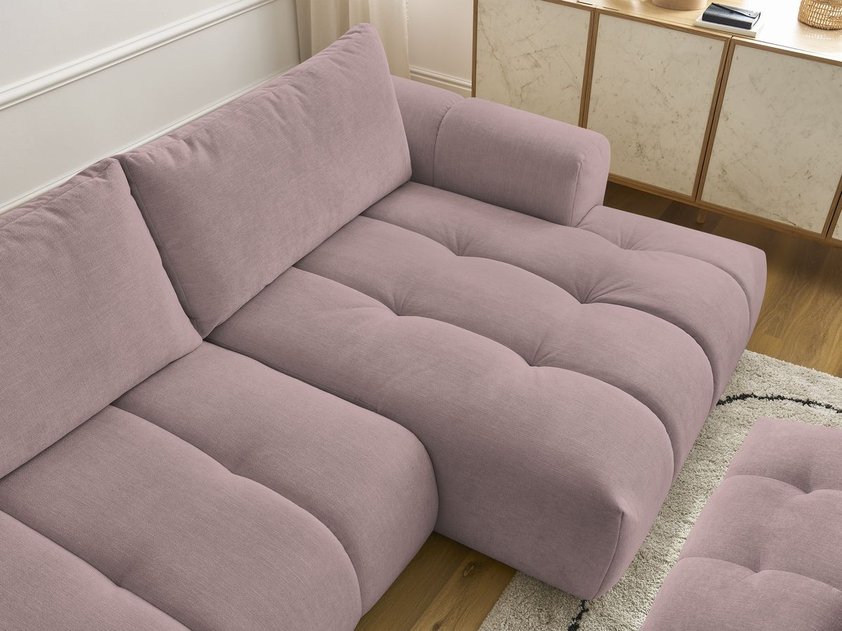 Bobochic Fuji Ecksofa mit Schlaffunktion und Bettkasten und Pouf 292 × 160 cm Stoff Rosa Ecke rechts