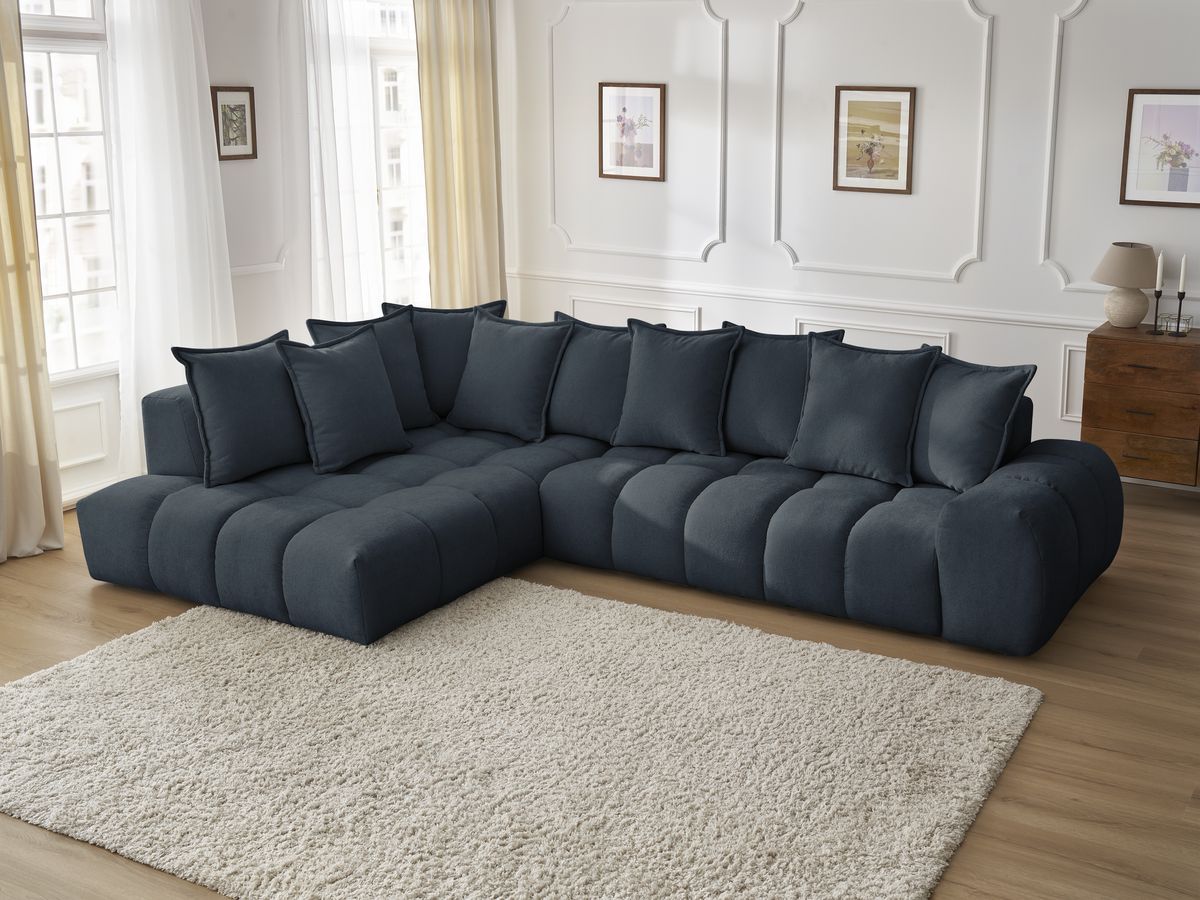 Bobochic Everest Ecksofa, 10 Kissen Strukturstoff Dunkelblau Ecke links