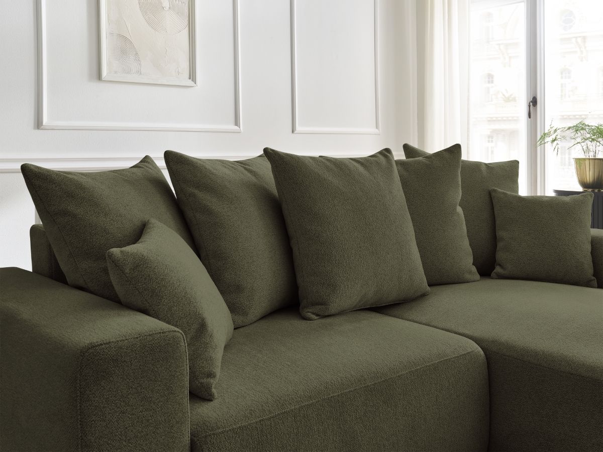 Bobochic Atilla Ecksofa mit Schlaffunktion und Bettkasten Melange-Stoff Grün Ecke rechts