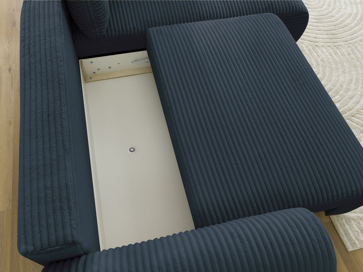 Bobochic Lucien Ecksofa mit Schlaffunktion und Bettkasten 296 × 198 cm Breitcord weich Dunkelblau Ecke rechts