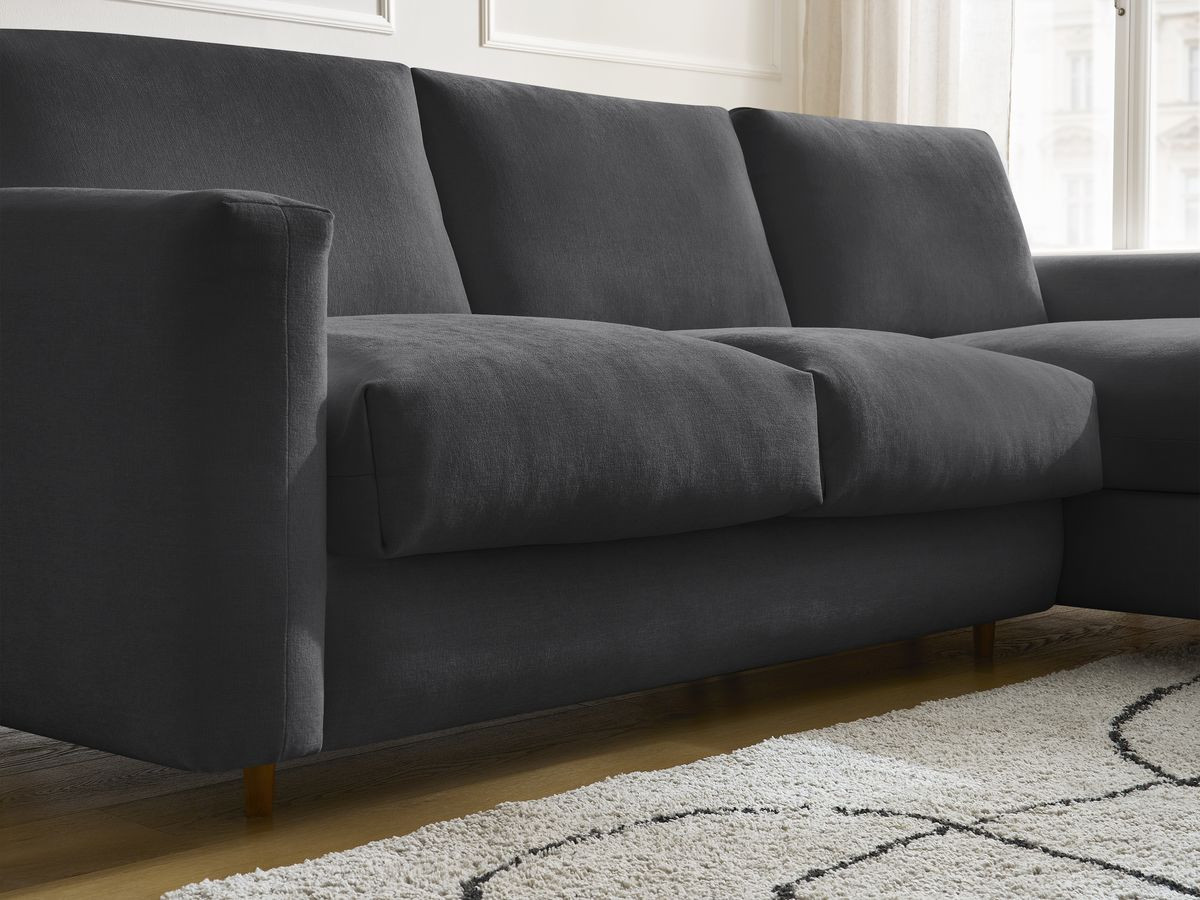 Bobochic Cocoone Ecksofa mit Schlaffunktion und Bettkasten Stoff Schwarz, Liegefläche 160 × 200 cm