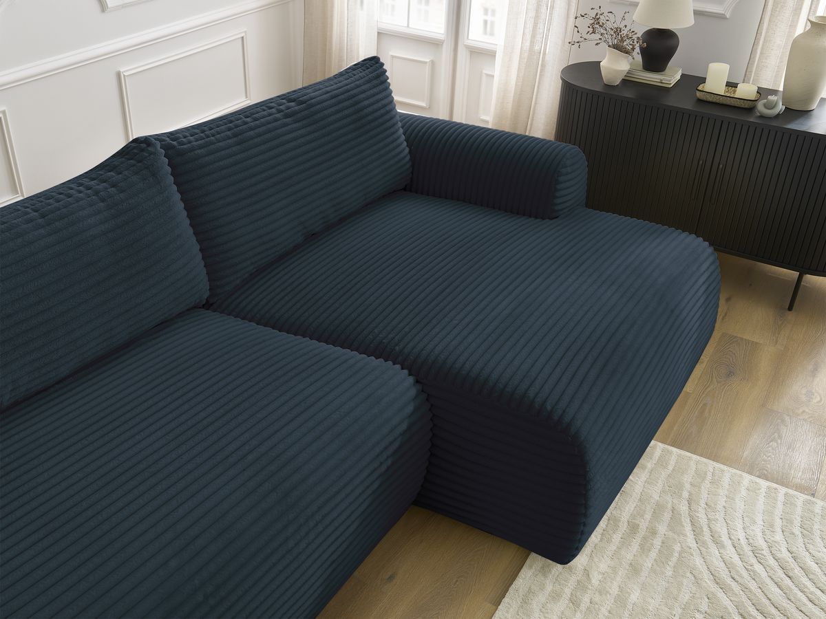 Bobochic Lucien Ecksofa mit Schlaffunktion und Bettkasten 314 × 167 cm Breitcord weich Dunkelblau Ecke rechts