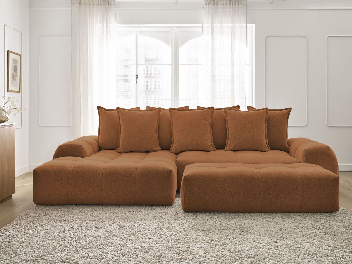Bobochic Everest Ecksofa mit Schlaffunktion und Bettkasten und Pouf 318 × 180 cm, 7 Kissen Melange-Stoff Orange Ecke links