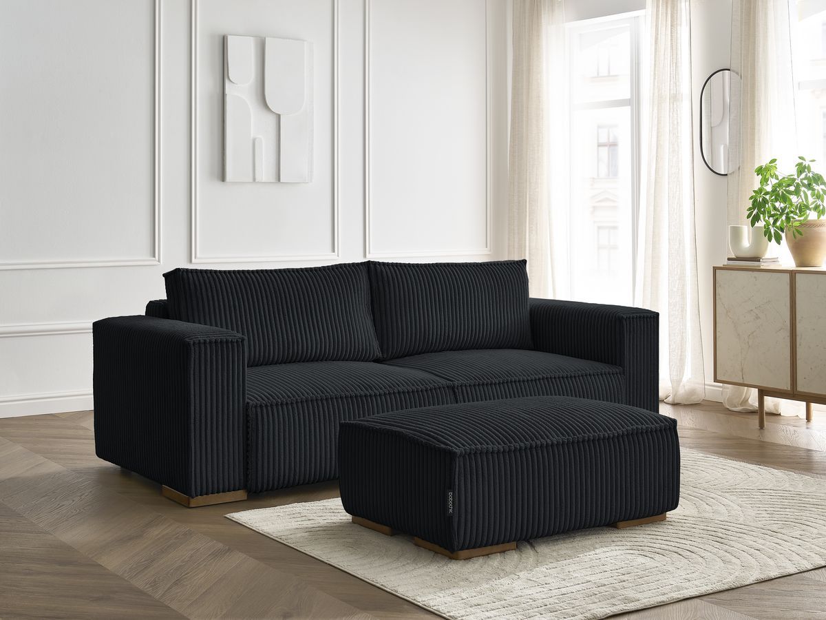 Bobochic Chelsea Schlafsofa 4-Sitzer mit Bettkasten und Pouf Breitcord weich Schwarz