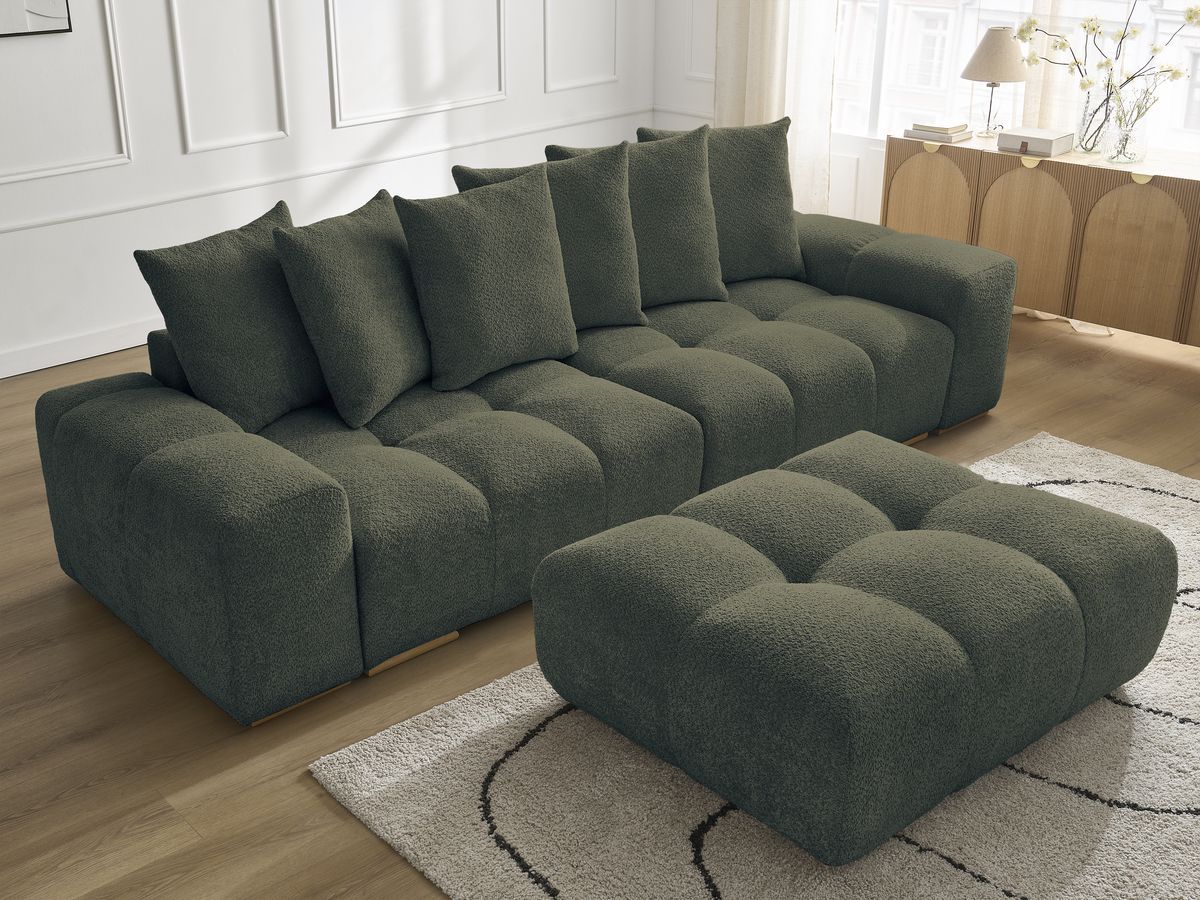 Bobochic Anakin Sofa 3-Sitzer mit Pouf, 6 Kissen Bouclé-Stoff Grün