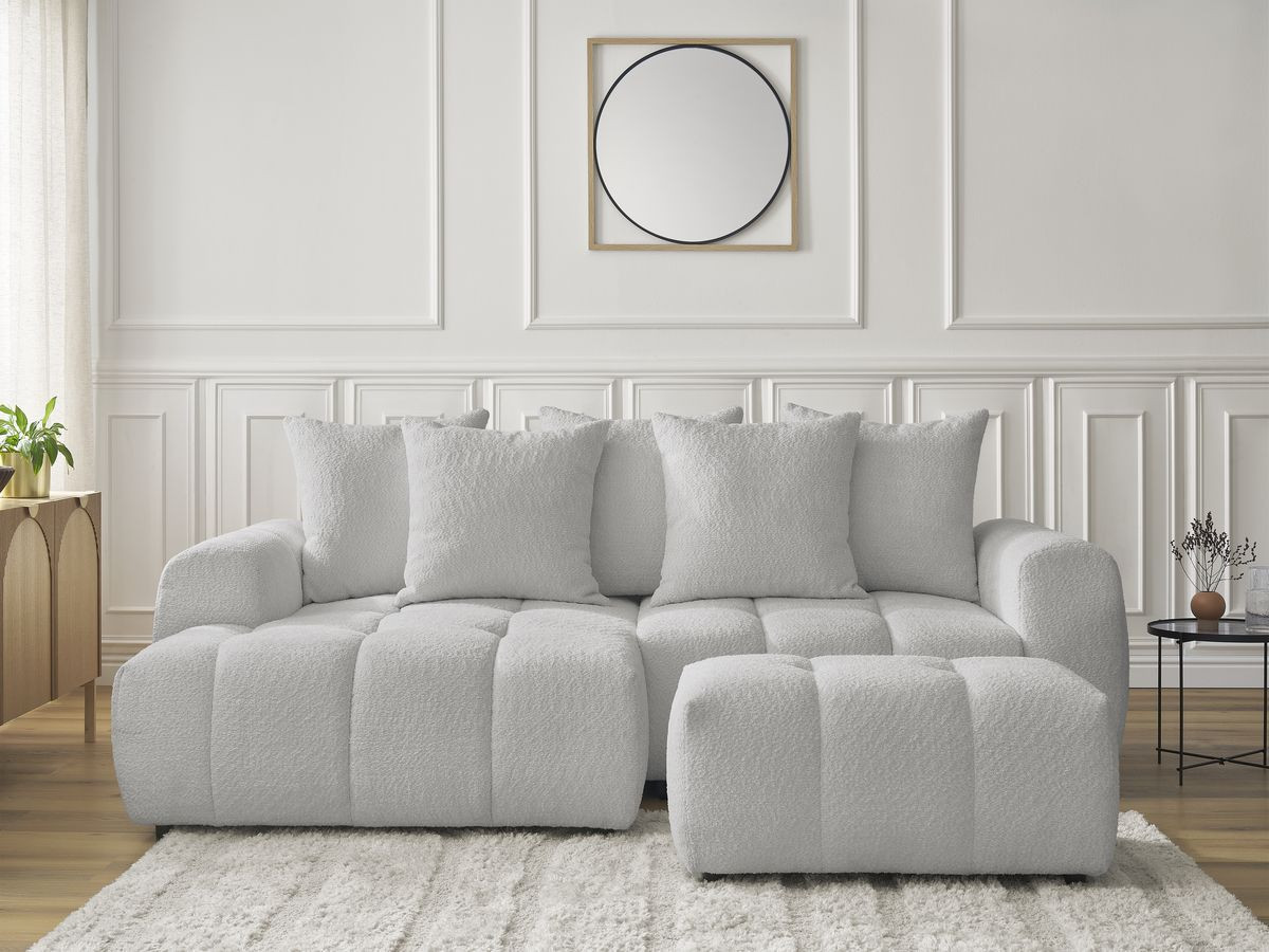 Bobochic Roxelane Ecksofa mit Schlaffunktion und Bettkasten und Pouf 258 × 150 cm Bouclé-Stoff Hellgrau Ecke links