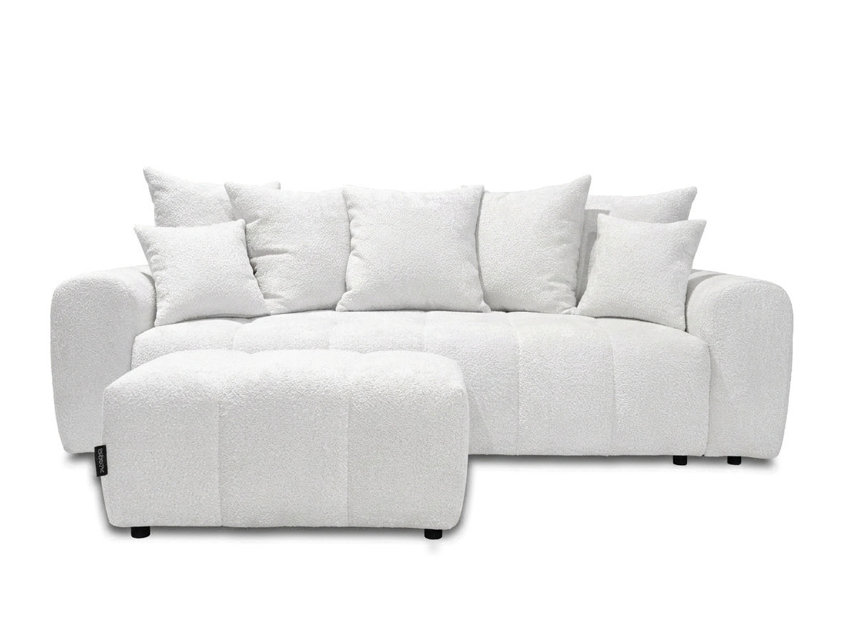 Bobochic Roxelane Schlafsofa 3-Sitzer mit Bettkasten und Pouf Bouclé-Stoff Weiß