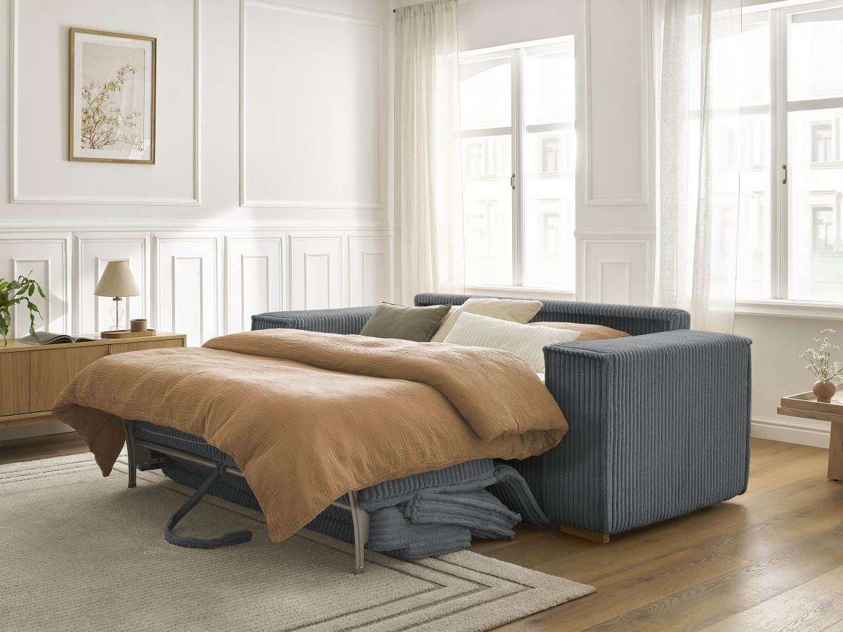 Bobochic Chelsea Schlafsofa 3-Sitzer Cordsamt Dunkelgrau, Liegefläche 140 × 200 cm
