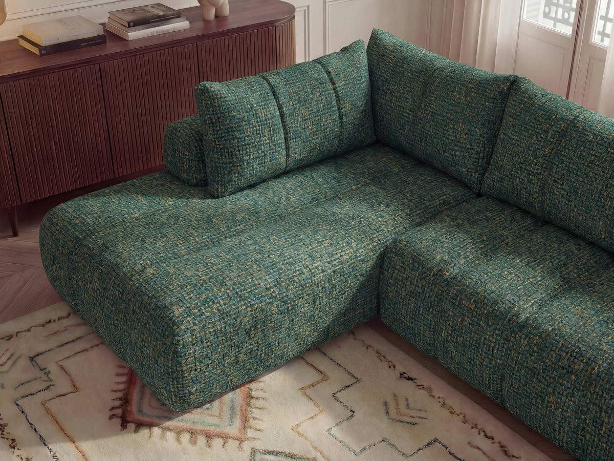 Bobochic Nesty Ecksofa in L-Form, 256 cm, mit Pouf Melange-Stoff Dunkelgrün Ecke links