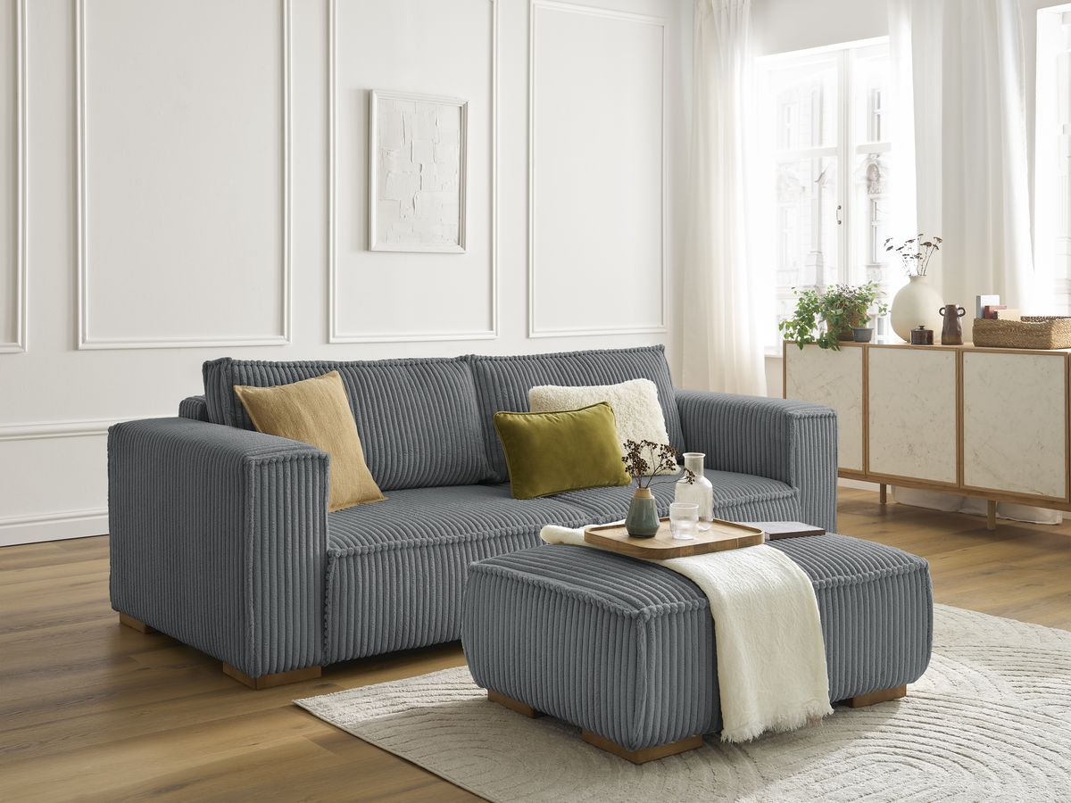 Bobochic Chelsea Sofa 4-Sitzer mit Pouf Breitcord weich Dunkelgrau