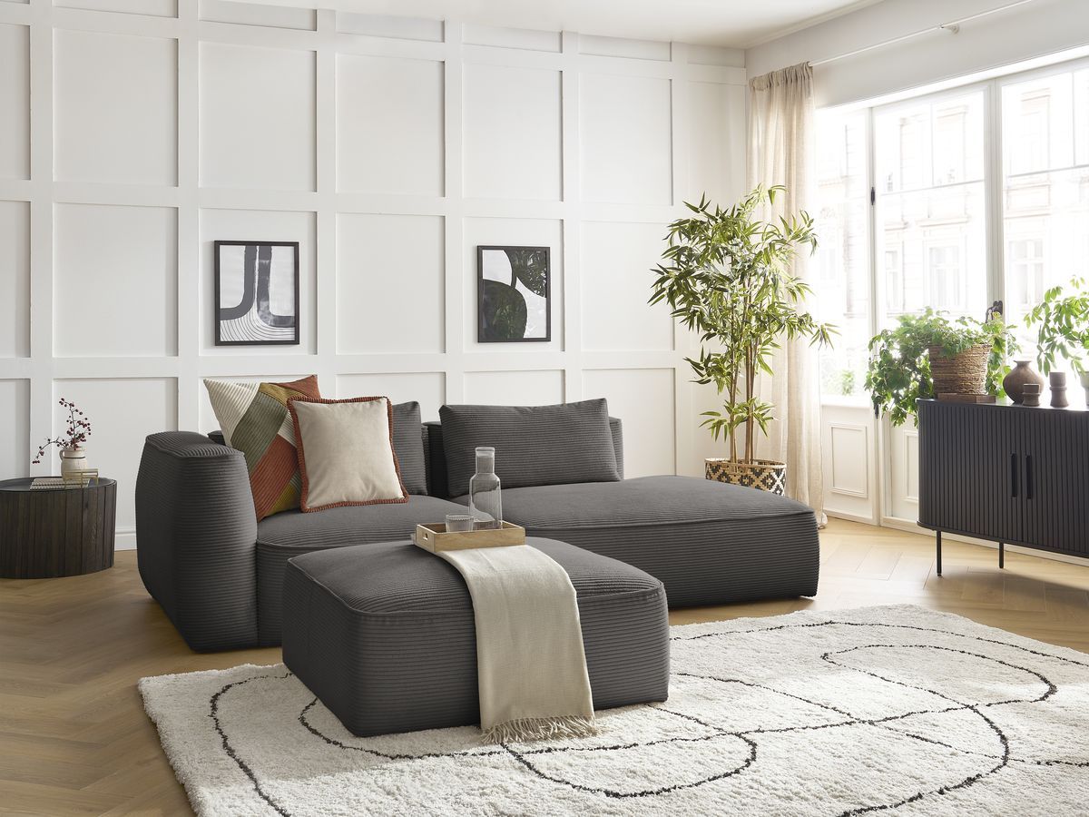 Bobochic Leopold Sofa 4-Sitzer mit Pouf Cordsamt Taupe Armlehne links