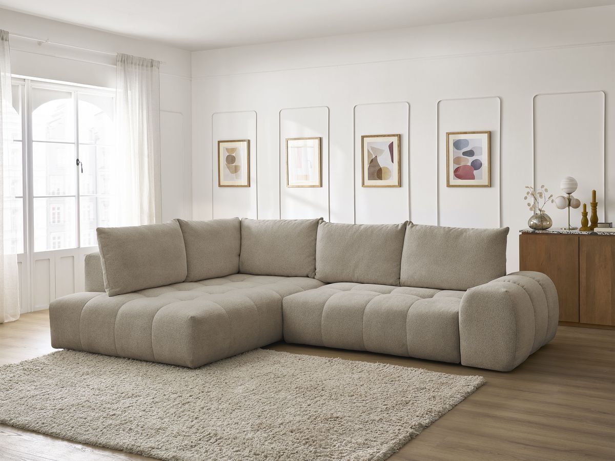 Bobochic Everest Ecksofa mit Schlaffunktion und Bettkasten 320 × 212 cm, 5 Kissen Melange-Stoff Taupe Ecke links