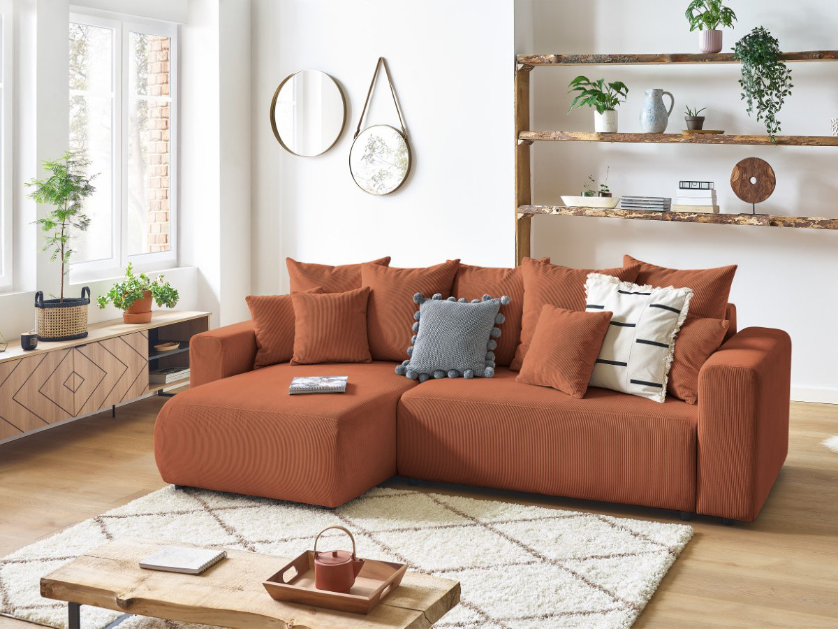 Bobochic Envy Ecksofa mit Schlaffunktion und Bettkasten Cordsamt Orange