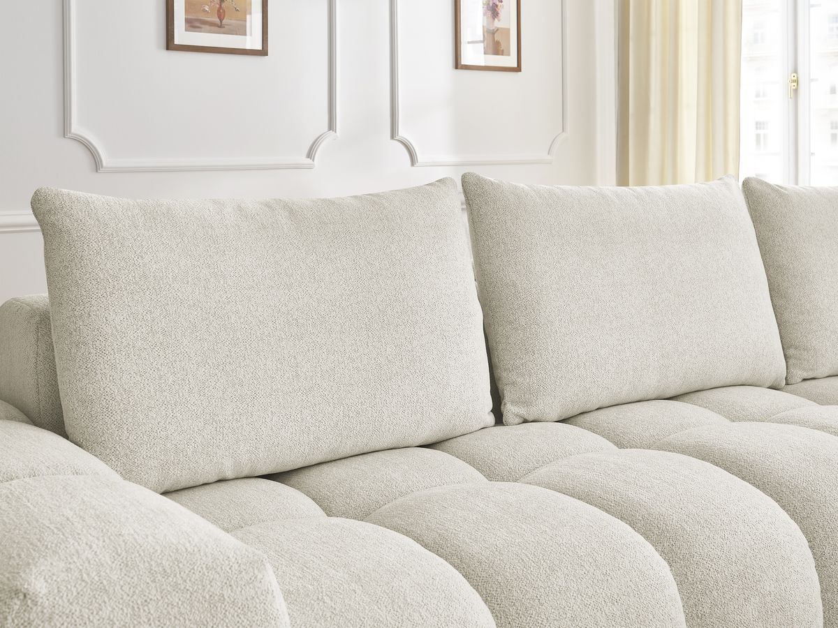 Bobochic Everest Ecksofa mit Schlaffunktion und Pouf, 4 Kissen Melange-Stoff Weiß Ecke rechts