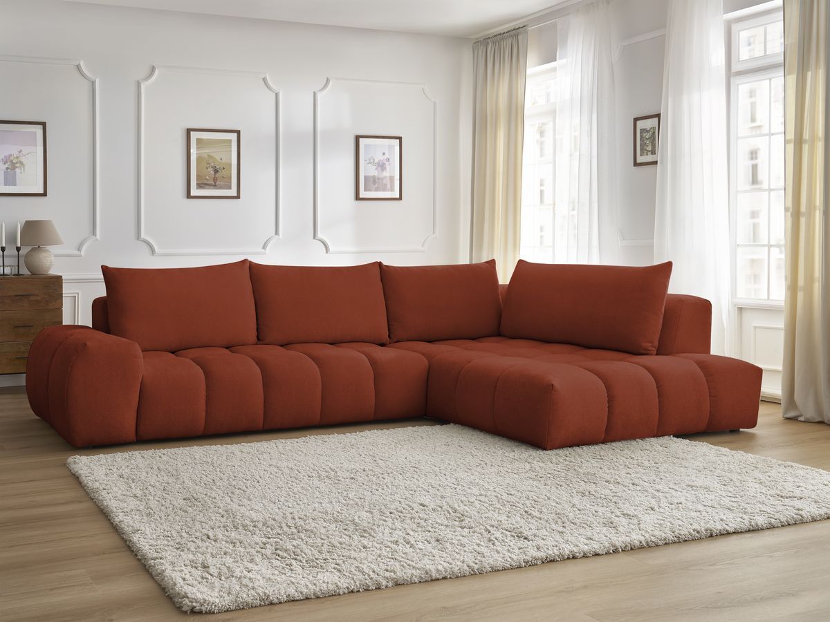 Bobochic Everest Ecksofa, 4 Kissen Strukturstoff Orange Ecke rechts