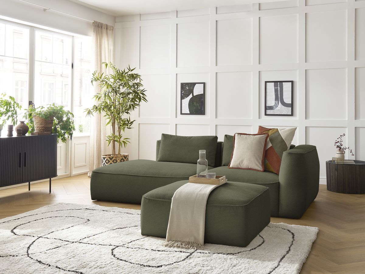 Bobochic Leopold Sofa 4-Sitzer mit Pouf Cordsamt Hellgrün Armlehne rechts