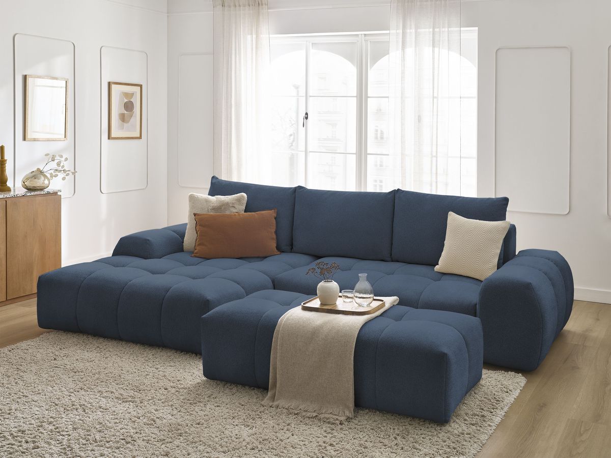 Bobochic Everest Ecksofa mit Schlaffunktion und Bettkasten und Pouf 318 × 180 cm, 3 Kissen Melange-Stoff Dunkelblau Ecke links
