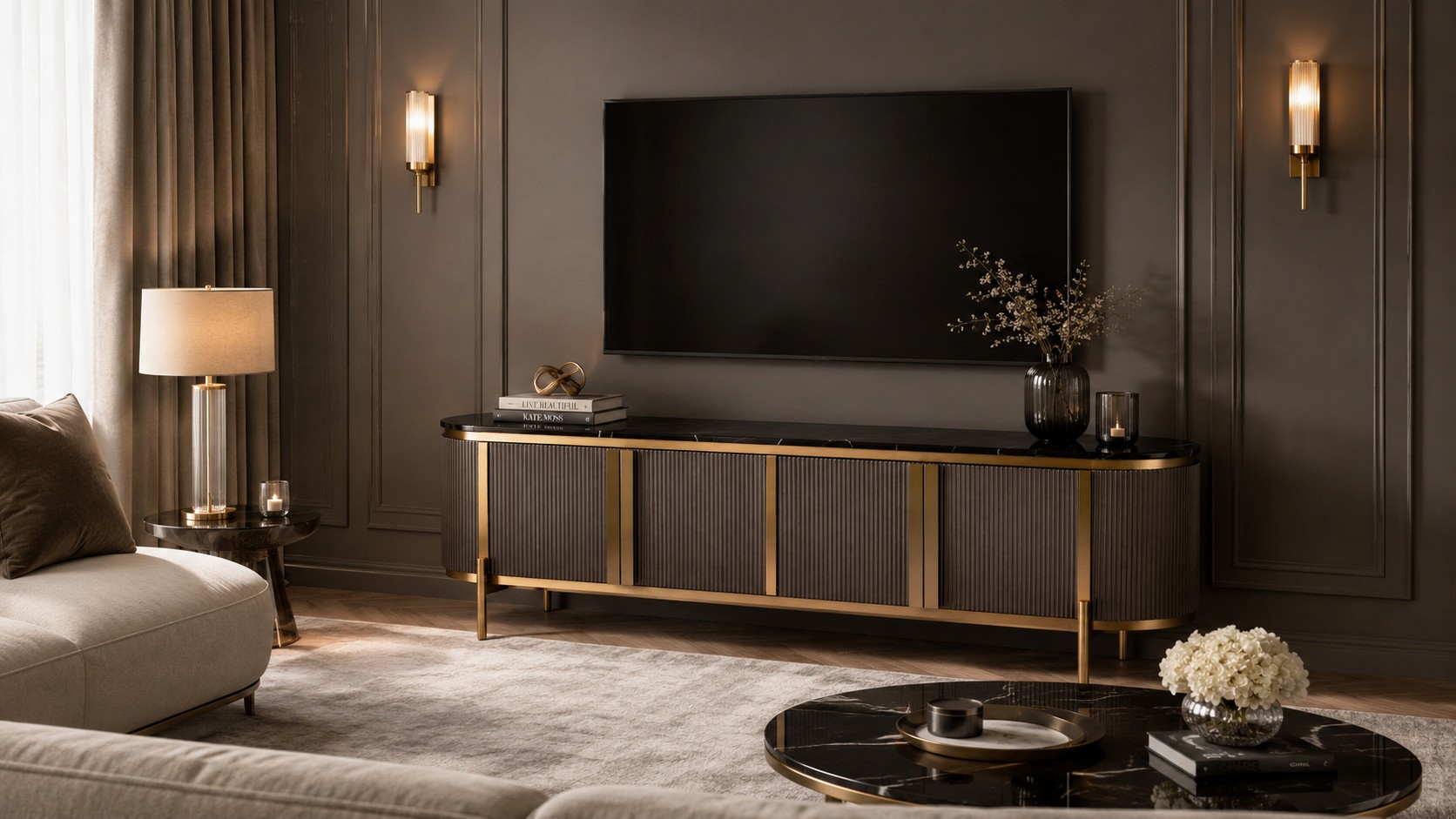 Livin Hill TV-Kommode Stilig 200 × 40 × 60 cm Schwarz, Platte Marmoroptik