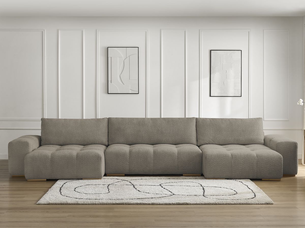 Bobochic Anakin Wohnlandschaft, Liegefläche 137 × 382 cm, 3 Kissen Bouclé-Stoff Taupe