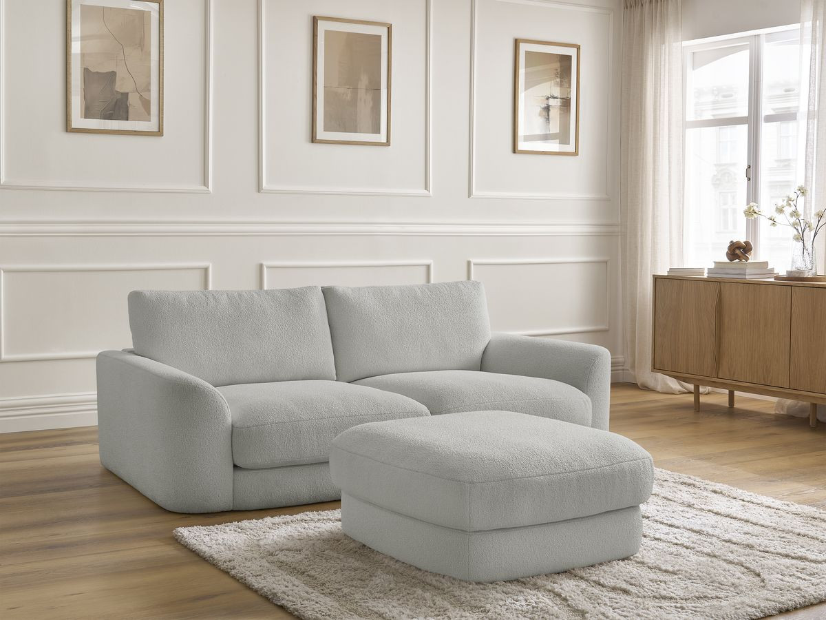 Bobochic Leonore Sofa 3-Sitzer mit Pouf Bouclé-Stoff Hellgrau