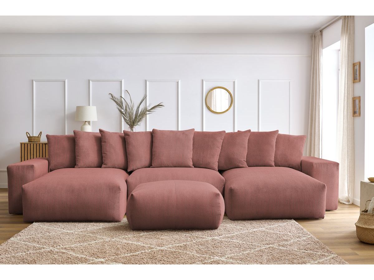 Bobochic Voltaire Wohnlandschaft mit Pouf 420 × 174 cm, Liegefläche 135 × 345 cm Cordsamt Rosa